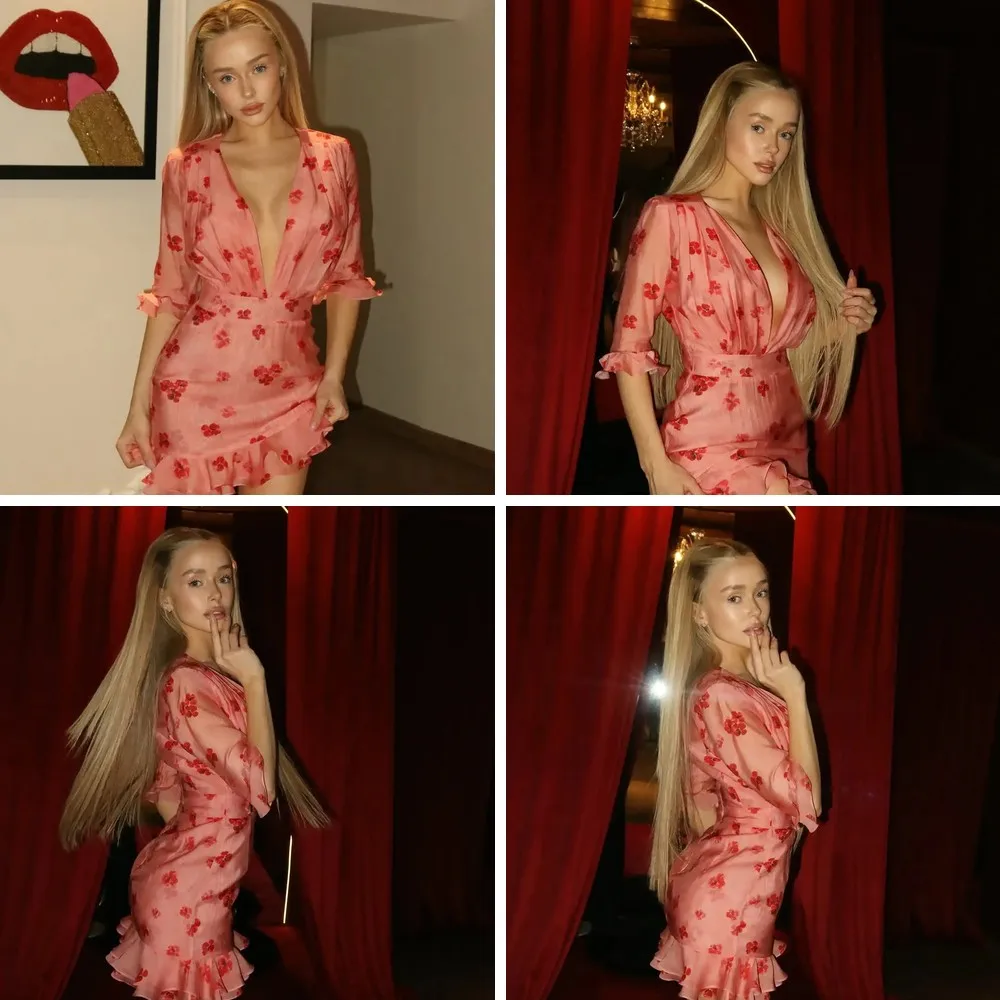 

Women's Pink Floral Ruffle Mini Dress V-Neck Puff Sleeve Ruched Waist Cocktail Party Dress (Character Count: 78)