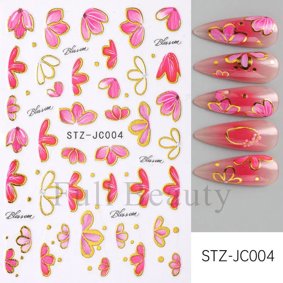 3D ブロンズグリッターフローラルネイルステッカー ウォーターデカールネイルステッカー プレスオンゴールデンペタル ホワイトデイジーデカールステッカー ネイルデコレーション