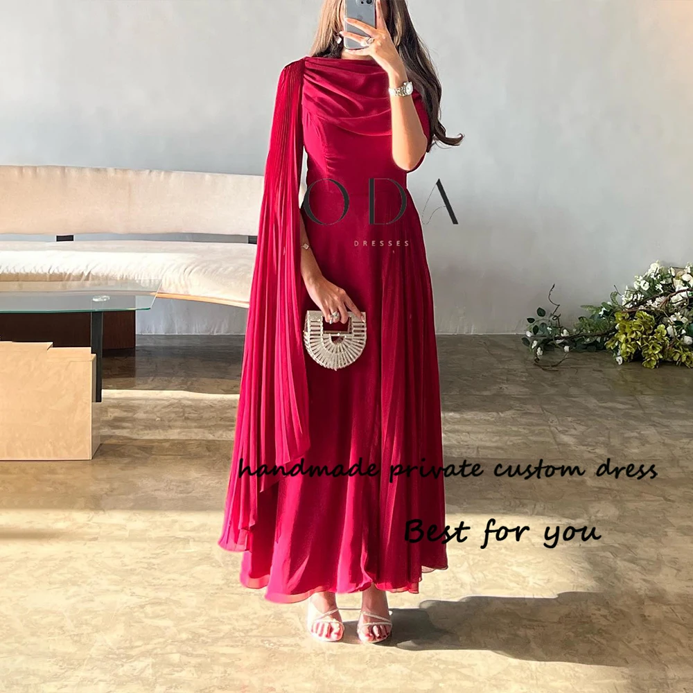 

Red Chiffon Evening Dresses Short Sleeve O Neck Formal Prom Dress Ankle Length Arabian Dubai Evening Party Gowns Lace Up Back