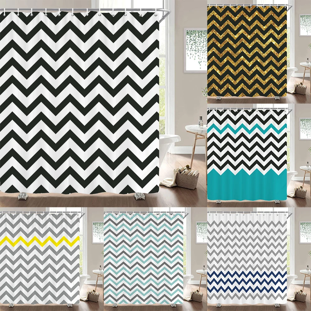 

Black White Wave Stripe Geometric Printing Bathroom Shower Curtains Frabic Waterproof Polyester Bath Bathroom Curtain with Hooks