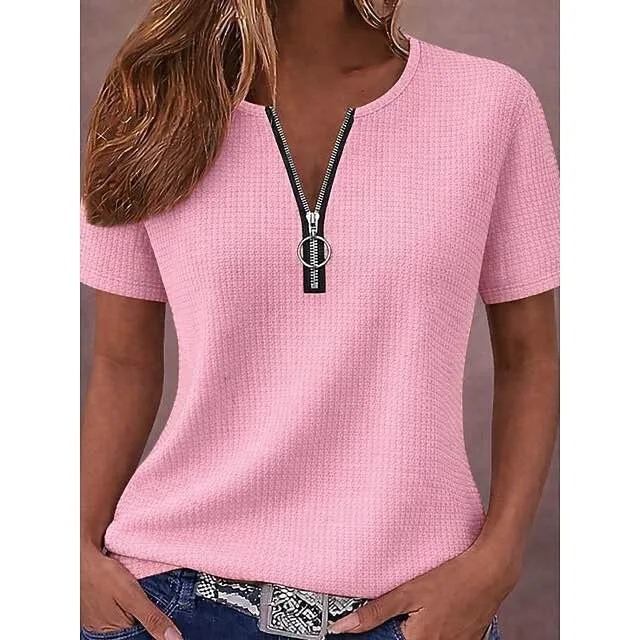 2026 Neuer Stil Frühling/Sommer Damen Gefüttertes T-Shirt mit Waffelkragen, kurzen Ärmeln und Reißverschluss – Detail 5
