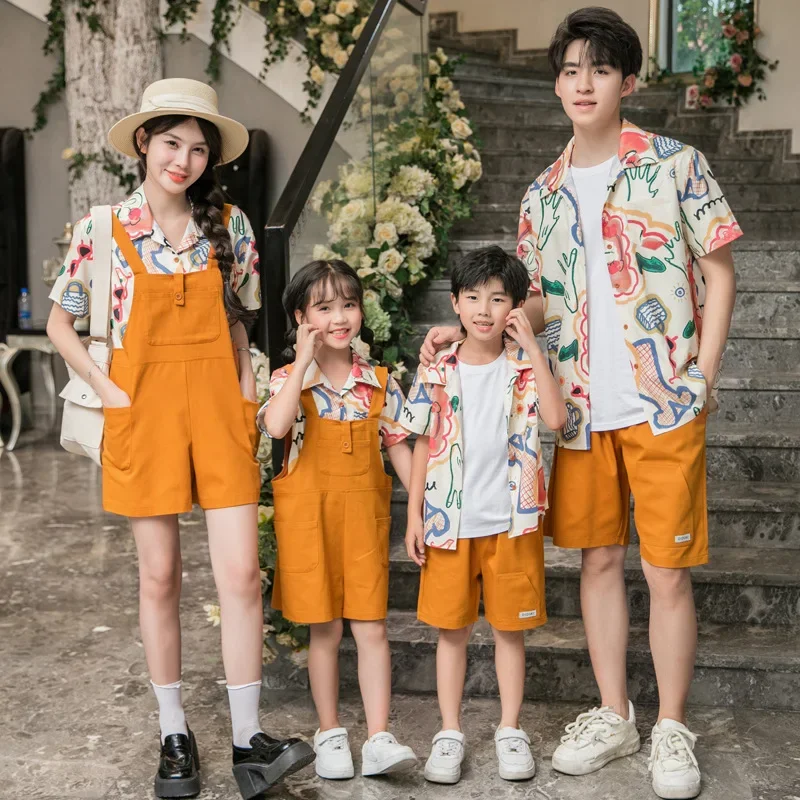 Family Matching Clothes Outfits Holiday Dad and Son Beach Shirts Shorts Sets Korean Mom and Daughter Blouse Jumpsuit Clothing