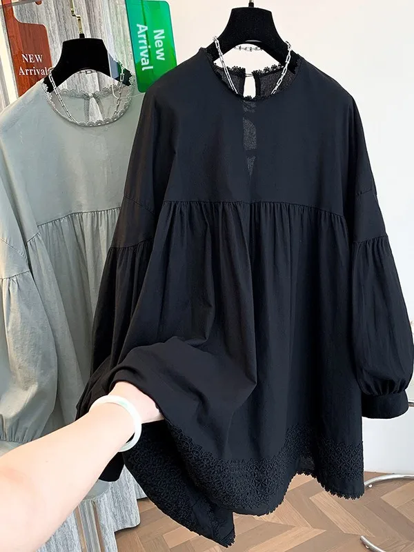 Casual redondo Ne Overhead irt 2025 nuevo Sle artístico bordado muñeca Top Bubble Sve ajuste suelto mezcla de lino y algodón irt