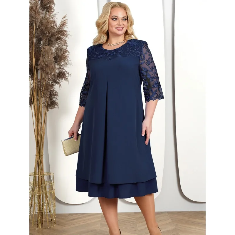 Plus Size Dress 2026 Fashion Women Summer Embroidery Floral Patchwork Elegant Party Dress Curvy Size Women Clothing
