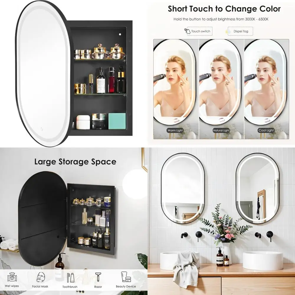 خزانة طبية بيضاوية مضيئة بإضاءة LED مقاس 34 × 20 مع مرآة مشطوفة للحمام