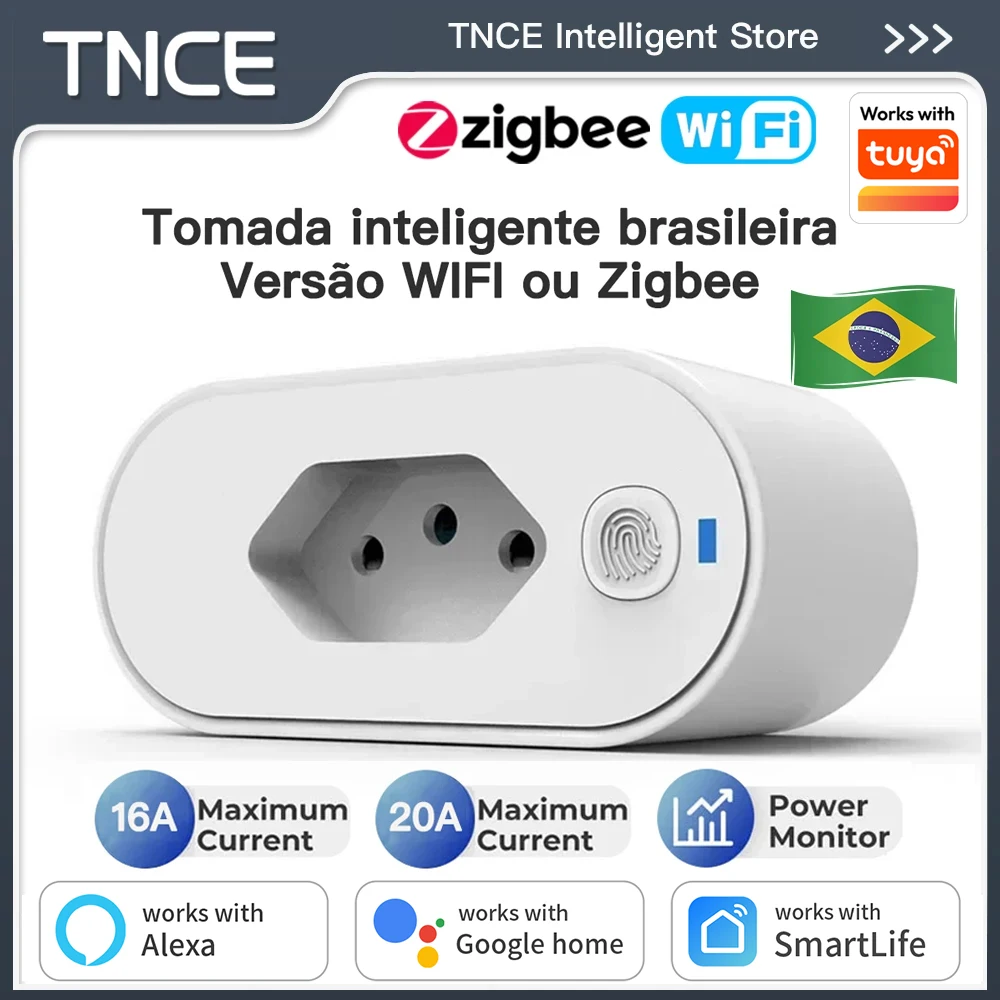 TNCE Tuya Brazil Plug WIFI or zigbee 16/20A socket with Power Monitor, Smart outlet remote control, Voice with Google Home Alexa