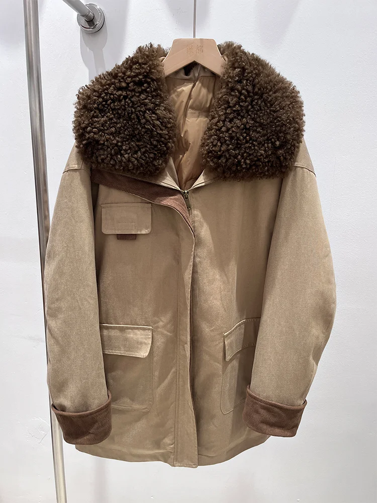 2025 Fashion New Autumn Winter Real Lamb Sheep Fur Collar Coat Women Natural Goose Down Jacket Luxury Casual Puffer Jackets