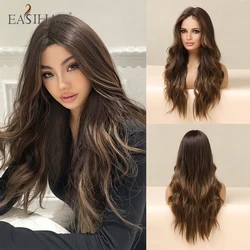 EASIHAIR 브라운 헤어 하이라이트, 긴 웨이브 합성 가발, 자연스러운 다크 브라운 헤어, 하이라이트 포함, 빠른 배송