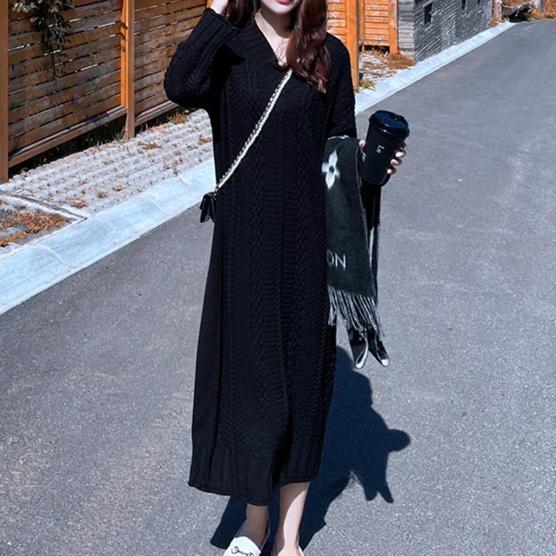 Black Chic Wool Dress Women Harajuku Style V-neck Twist Long Knitwear Ladies Pullover Autumn Thicken Loose Knitted Vestido