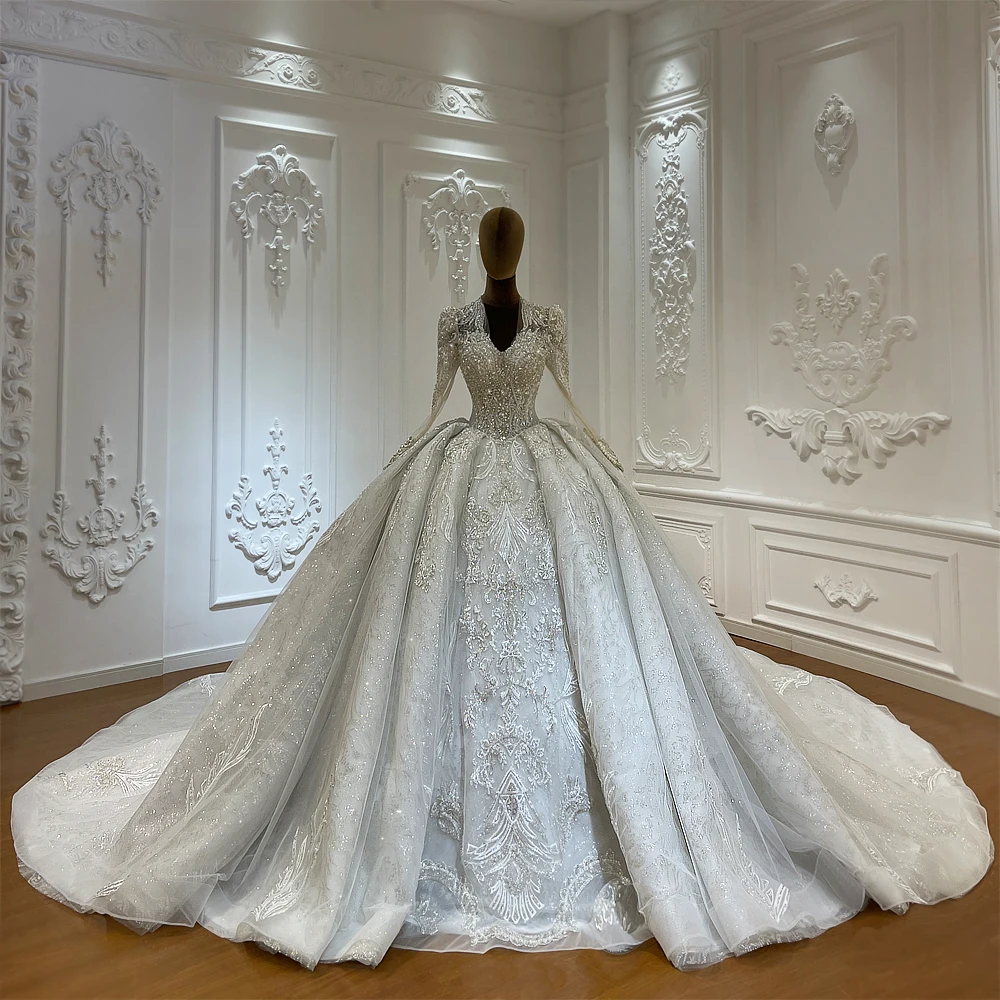 Customized M057 Amanda Novias New Design Long Sleeve V-neck Bride Ball Gown Wedding Dress