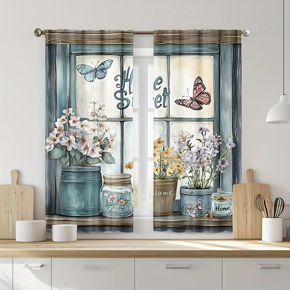 Rustic Farmhouse Curtain Panels, Window Vase Flower Butterfly Jar Vintage Wooden Frame Print Drapes for Kitchen Bedroom Decor