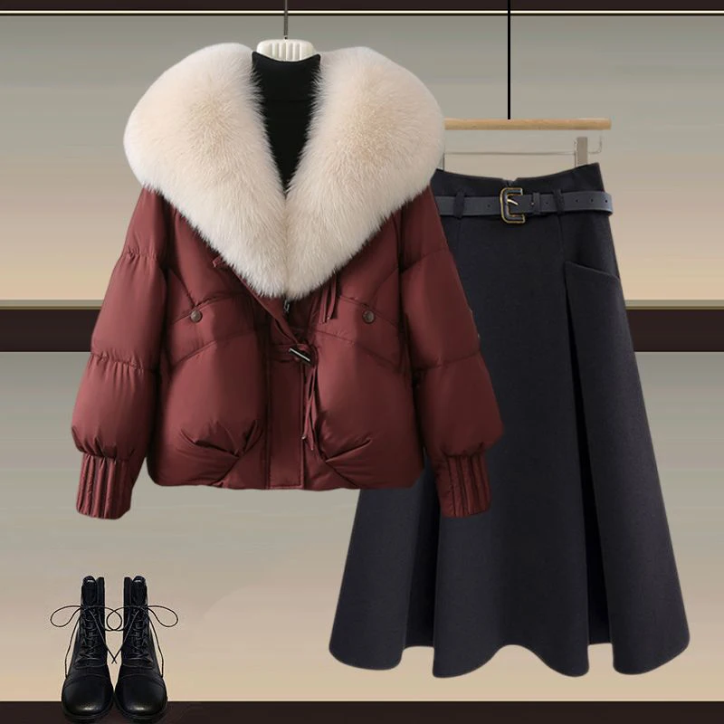 Cappotto e gonna da donna invernale Thiened Set gonna snellente a vita alta Abito lungo a due pezzi con collo in pelliccia sintetica calda