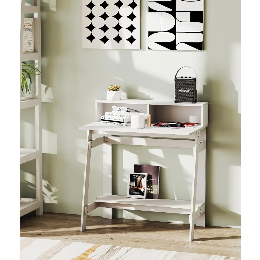 مكتب زاوية أبيض مدمج لغرفة النوم أو مساحة مكتب صغيرة مع مساحة تخزين مدمجة مثالية لإعداد الكمبيوتر والعمل البسيط E #5