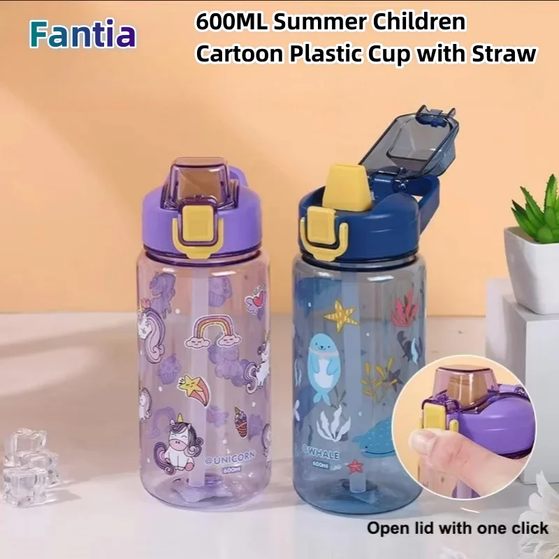 600 مللي الكرتون الحيوان زجاجة ماء المحمولة قفل أمان لطيف كوب بقشة الاطفال مانعة للتسرب شرب إبريق للتخييم في الهواء الطلق السفر #1