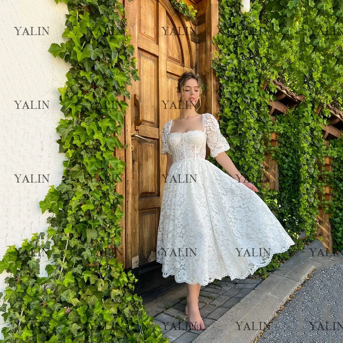 

YALIN Simple White Leavers Lace Prom Dresses Medium Puffy Sleeve Evening Gowns With Inseam Pockets Graduation 2022