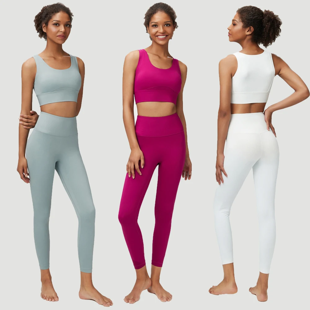 2 Pieces Fitness Yoga Set Women Solid Color Workout Suit Gathered Bra High Waist Leggings Running Sportswear Female Gym Clothes