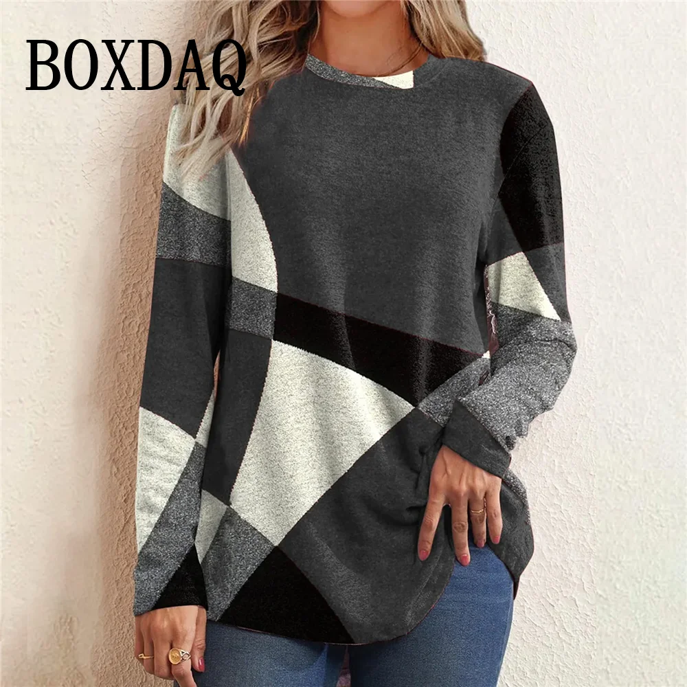 Geometric Pattern 3D Print Women's T Shirt Autumn Winter Long Sleeve Contrast Color Ladies Loose Shirts Casual Pullover Tops Tee