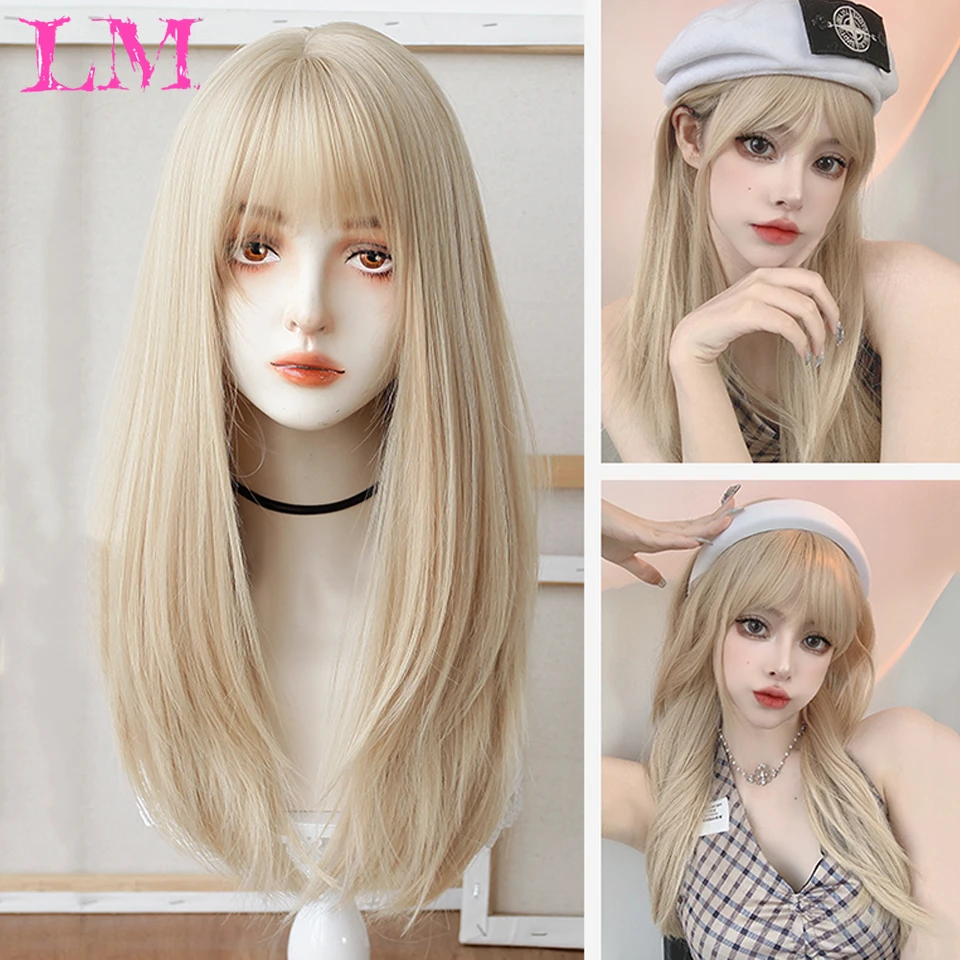 LM Light Blonde Wave Hair Wig Synthetic Long Wavy Wigs with Bangs for Women Cosplay Natural High Temperature Fiber