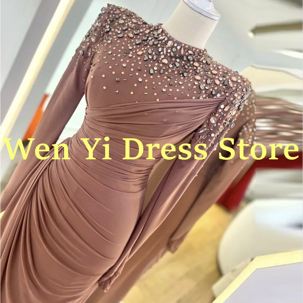 Elegant Mother of the Bride Women Evening Dress Luxury Crystal Long Sleeves Pink Wedding Chiffon Guest Gown Mermaid/Trumpet 2024