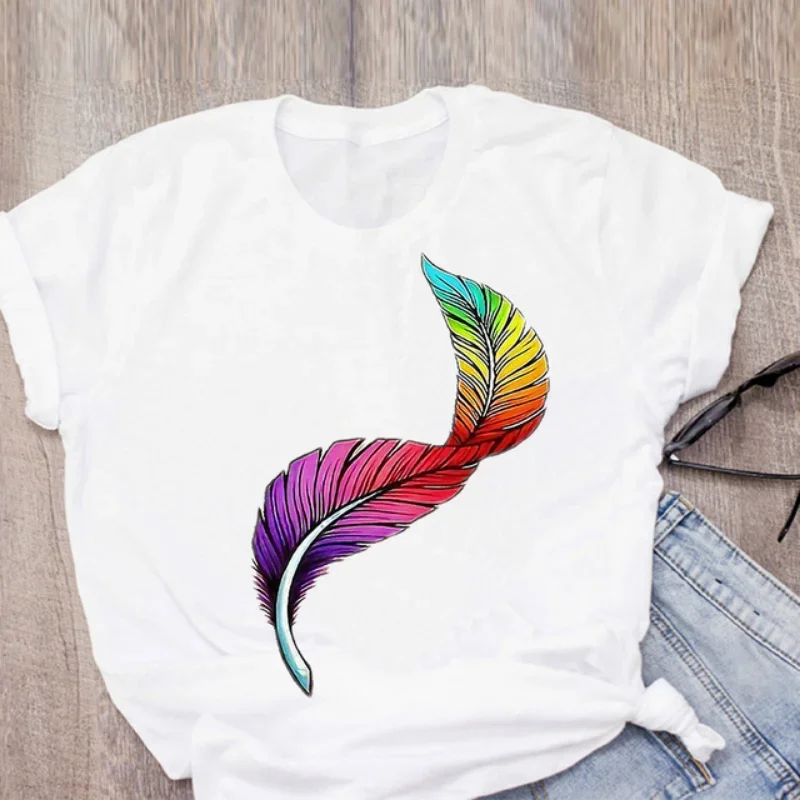 

Women's Short Sleeve T Shirt Fashion Feather Print Large Size Leggings Elegant Beautiful Girl Crewneck T-shirts Aesthetic Tops