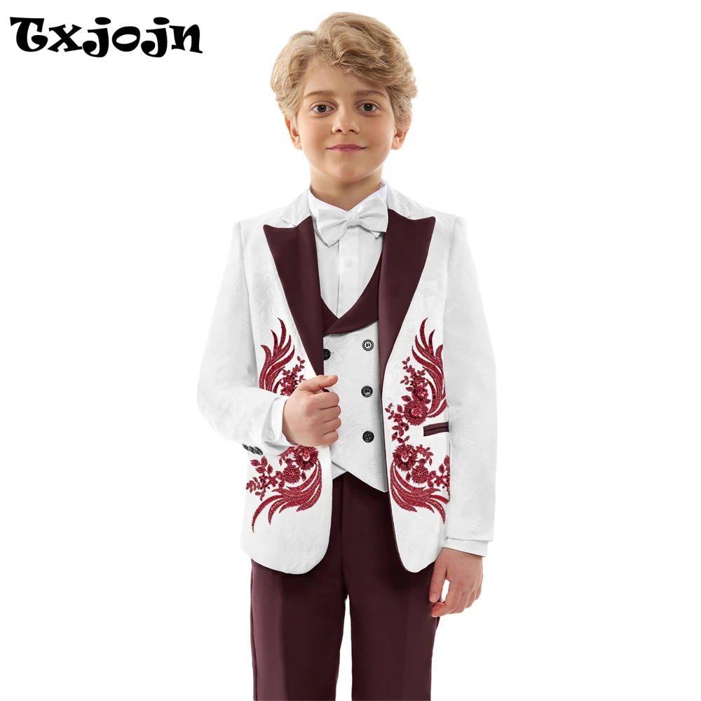

Exquisite Beaded Boys Slim Fit Suits 4 Pieces Wedding Ring Bearer Outfit Elegant Jacquard Kids Suit Set For Stage Performance