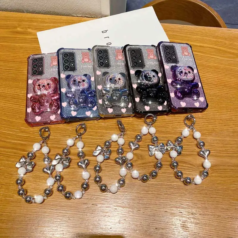 A 53 33 73 Pearl Strap Glitter Teddy bear Phone Holder Case On For Samsung Galaxy A32 A33 A52 A53 A73 A51 A23 4G 5G Stand Cover view 5