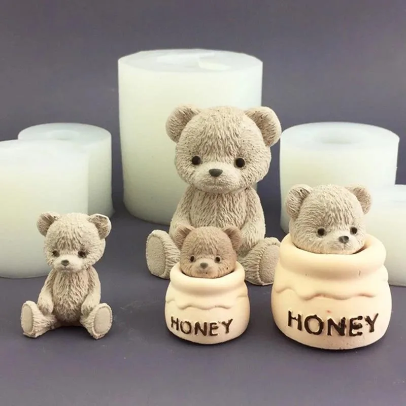 1pc Teddy Bear Honey Jar Little Bear Candle Silicone Mold Cake Baking Mould Aroma Candle Plaster Drip Mold for Home Decoration