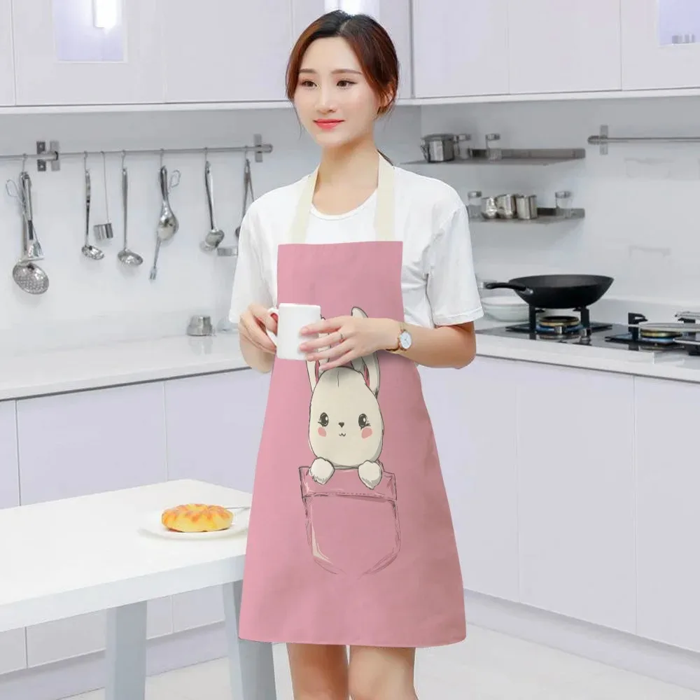 Rabbit Pattern Cleaning Art Aprons Home Cooking Cute Rabbits Kitchen Apron Cook Wear Cotton Linen Adult Bibs 55x68cm