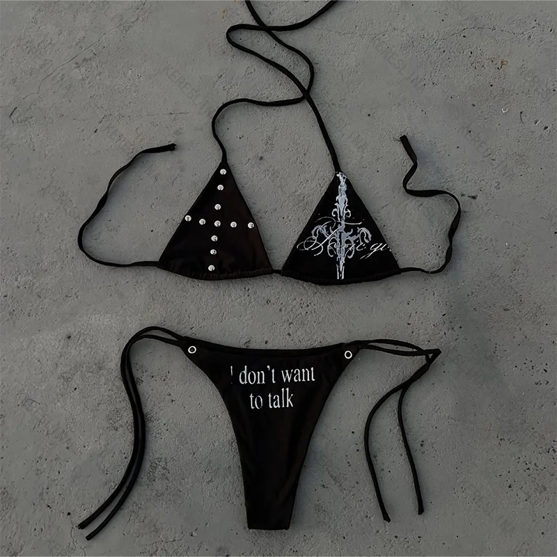 Y2k Millennium Spicy Girls Style Gothic Retro Popular Versatile Hanging Neck Strap Bikini Set American Trendy Fashion Bikini Set