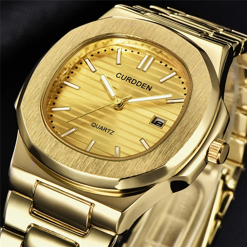 Men Genuine CURDDEN 1520 Brand Watches Fashion Casual Alloy Band Golden Business Vintage Date Quartz Watch Relogio Masculino