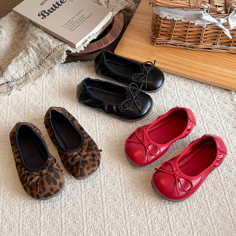 Autumn Girl's Mary Janes Bowknot Slip-on Sweet Kid's Flat Shoe Solid Colors Anti-slip Soft Sole Trendy Versatile Children Shoes