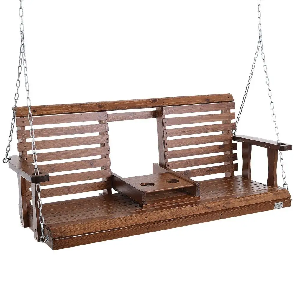 

HeavyDutyWoodenPorchSwing5ft880lbsLoadCapacityOutdoorPatioSwingforCourtyardGardenHangingChainsBrownSwingBench
