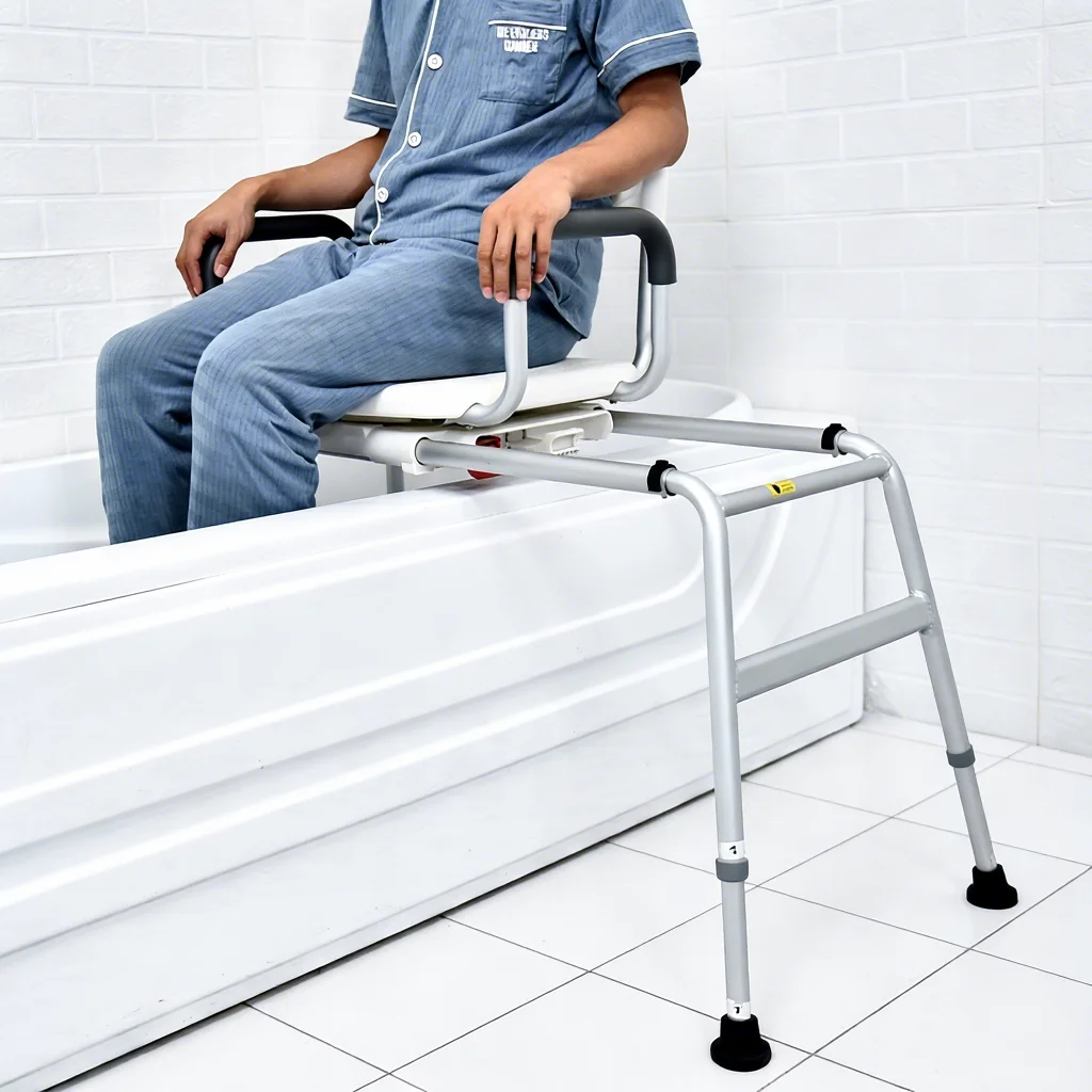 Mobile Rotating Bath Shower Chair for Elderly Disabled 360 Rotation Aluminum Frame PE Seat Adjustable Height Non-Skid Feet OEM