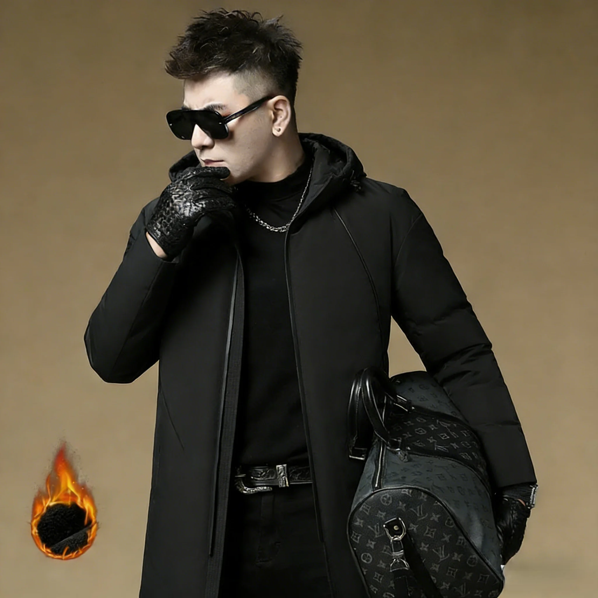 

Мужская повседневная утепленная куртка-пуховик средней длины с капюшоном для официальных мероприятий, из полиэфирного волокна