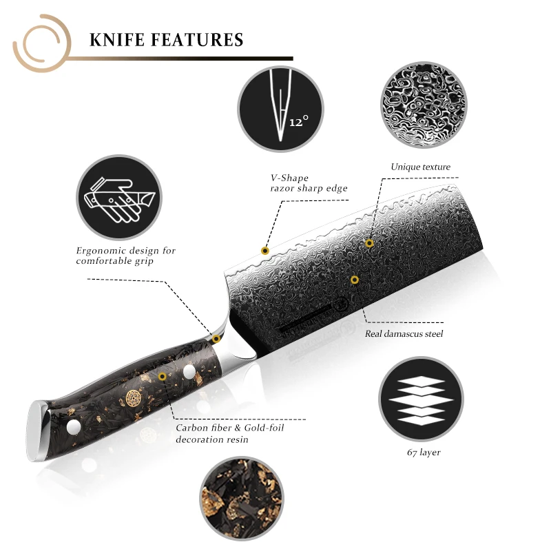 Bild 7: Grandsharp 7 Zoll Nakiri Messer 67 Schichten Damast Stahl chinesischen Hackmesser Kochmesser mit Kohle faser Griff Koch Küchenmesser