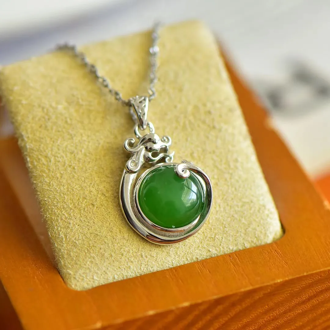 S925 Silver Inlaid Jasper Pendant Natural Hetian Jade Necklace Pendants Retro Auspicious Dragon Jewellery Gifts Women Jewelry