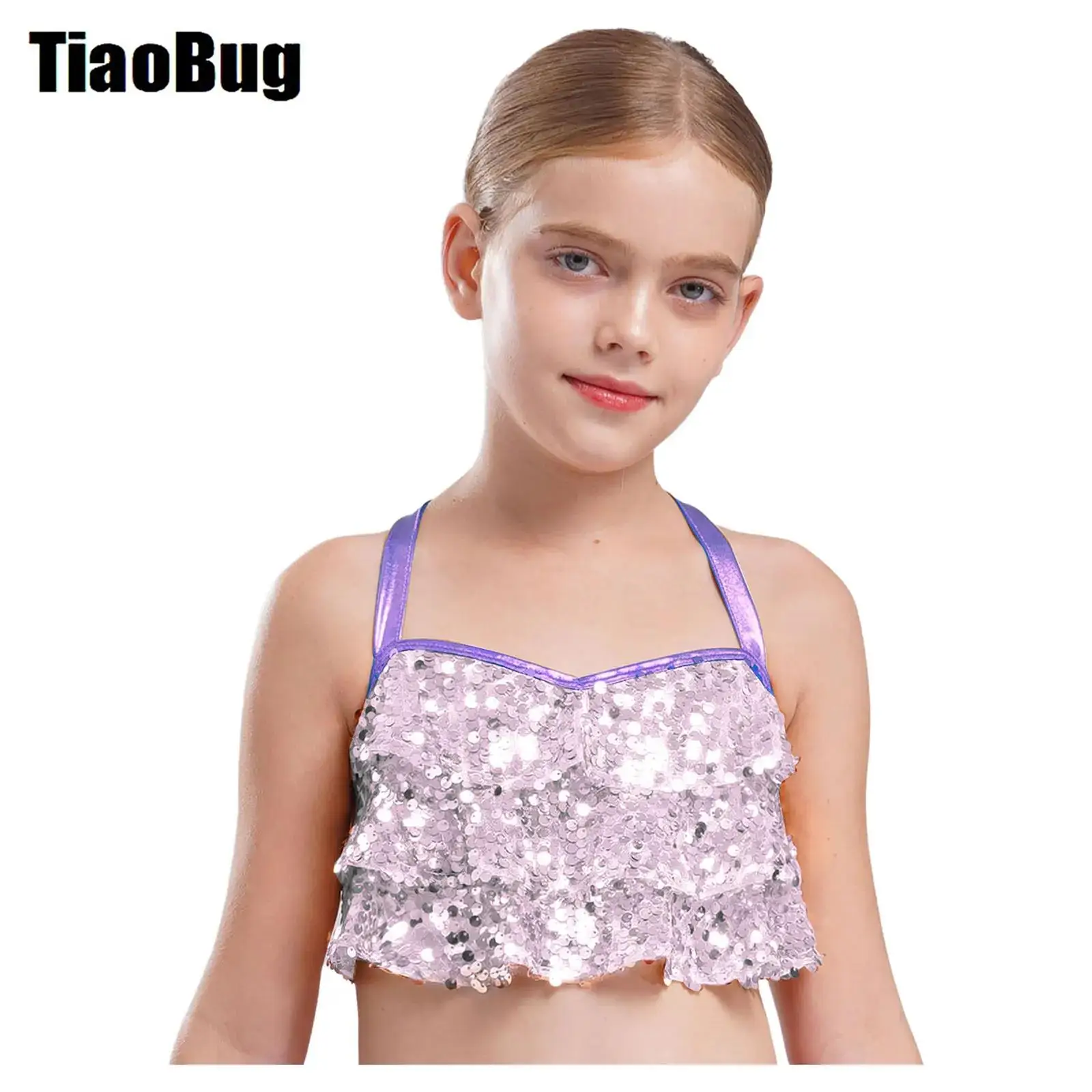 

Kids Girls Sequins Jazz Camisole Tops Glittery Tiered Ruffles Crop Top Cross Back Metallic Dance Performance Costume
