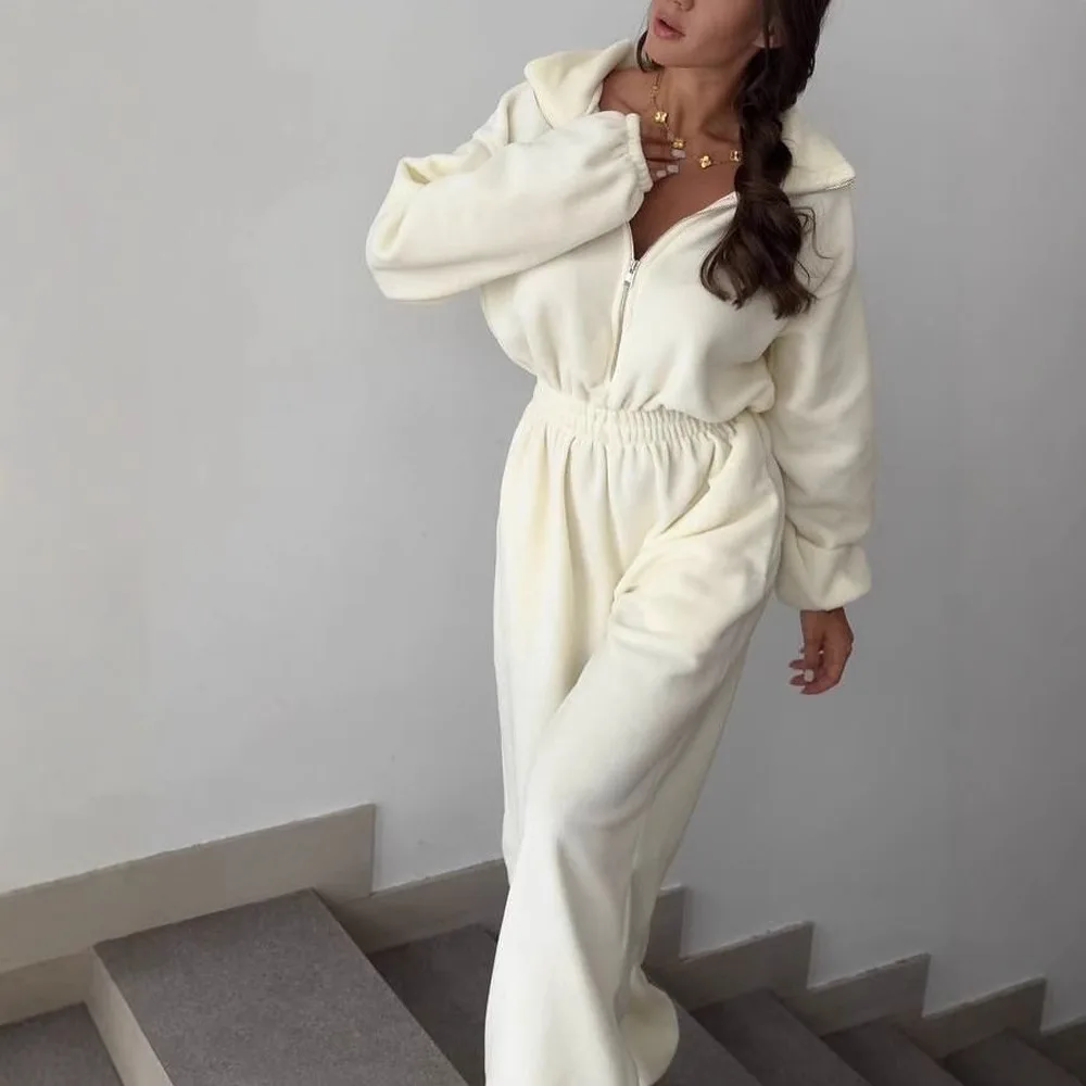 Autumn and Winter Women's New Fashion Long-sleeved Jumpsuit Ladies Casual Half-open Elastic Waist Jumpsuit