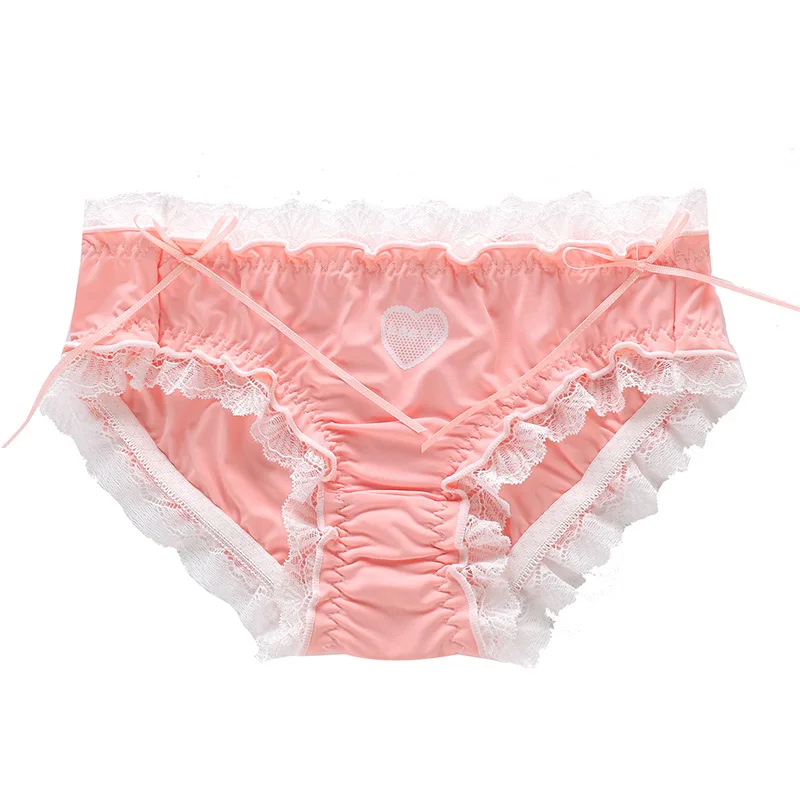 Soft Ice Silk Panties Female Lace Sexy Lingerie Girls Lolita Love Bow Panties Cute Candy Color Women\'s Briefs Solid Color Briefs