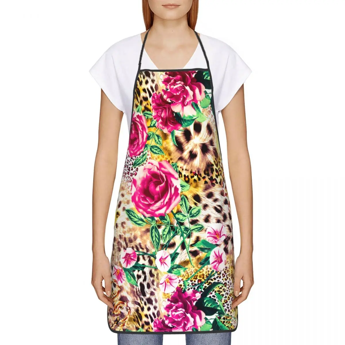 Custom Flowers With Leopard Print Apron Women Men Unisex Bib Cooking Kitchen Tablier Cuisine Chef Gardening