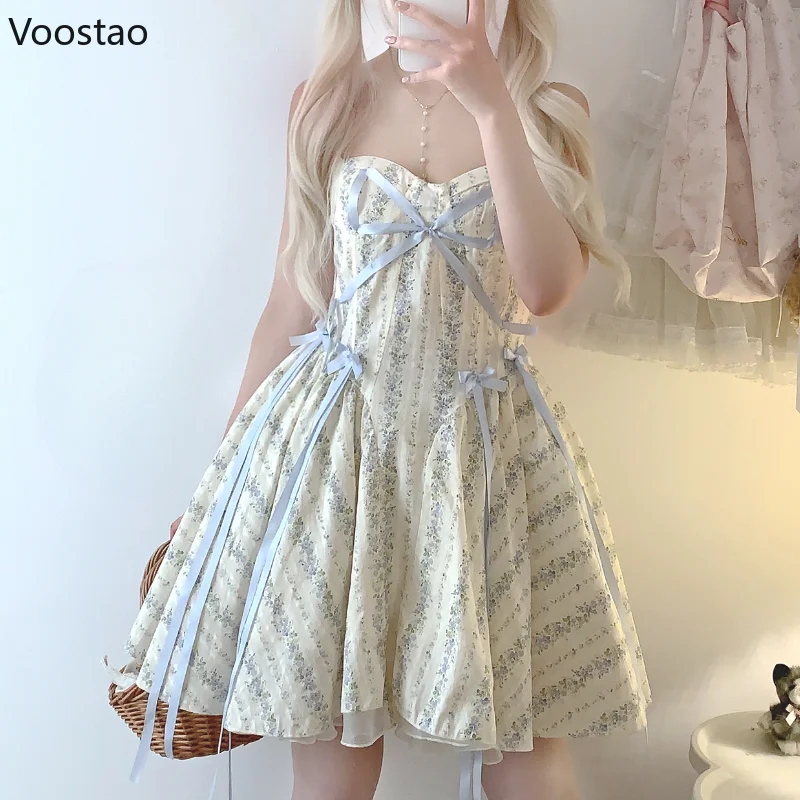 

Sweet Vintage Lolita Style Mini Dress Women Elegant Floral Print Bow Ribbon Party Dresses Female Korean Casual Beach Sundress