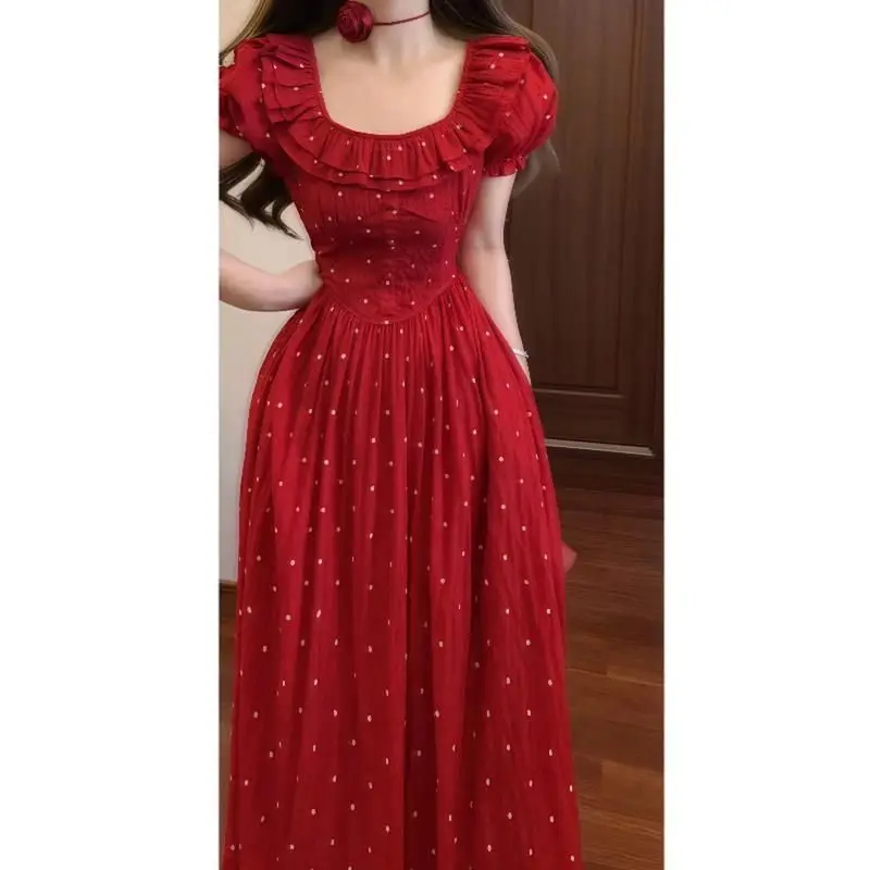 

Square neck red polka dot dress, children's summer 2025 new style, stunning, unique and beautiful waist hugging long skirt