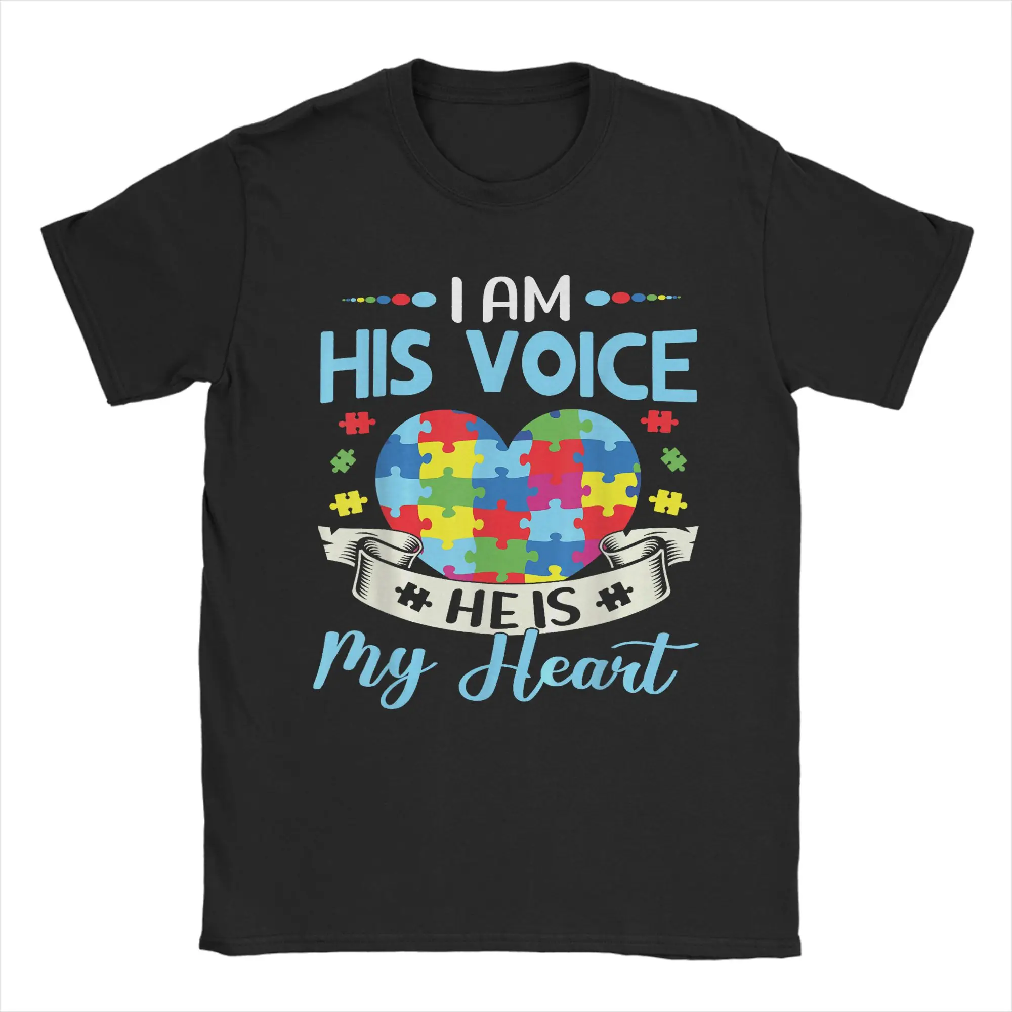 Casual I Am His Voice He is My Heart Autism Awareness Puzzle Piece T-Shirts for Men 100% Cotton T Shirt Short Sleeve Tee Shirt