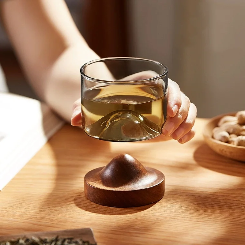 

Креативная подставка из цельного дерева, чашка для просмотра гор, держатель для чашки из цельного дерева, прозрачная стеклянная чашка для чая, персонализированная бытовая чашка для горла