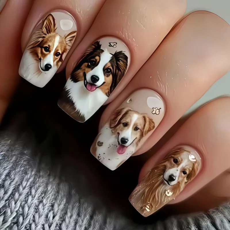 Best-selling 24pcs fake nails, featuring a simple cartoonish cute dog design in a rectangular shape are suitable for daily wear