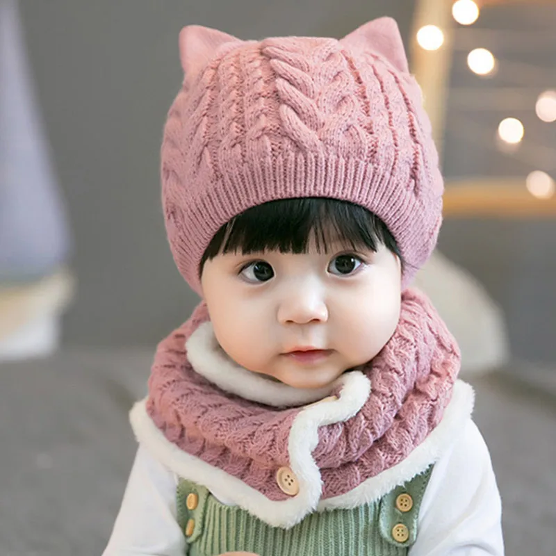 

Winter Warm Cute Children Ear Protection Scarf Cap Plush Neckerchief Kids Woolen Knit Hat Thicken Velvet Baby Beanie