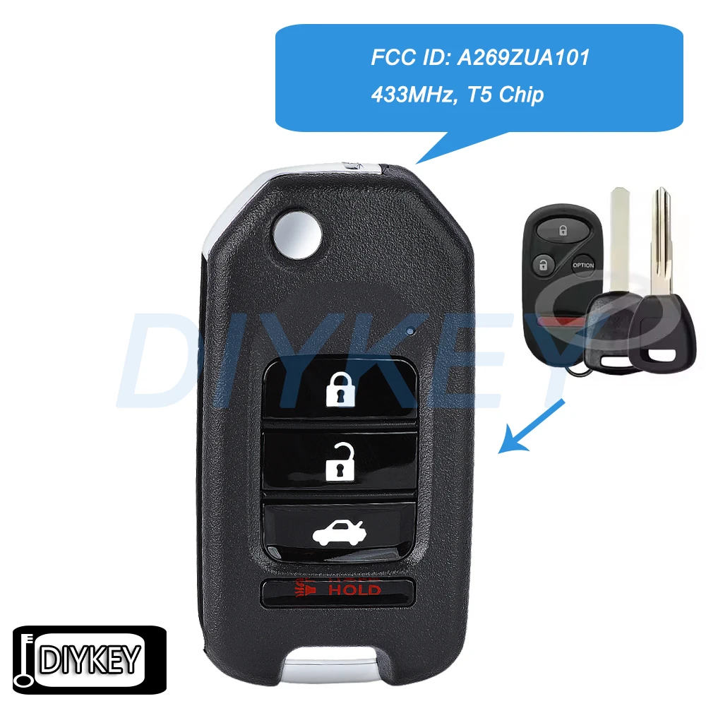 

4 Buttons Upgraded Flip Remote Car Key Fob 433MHz T5 Chip Replacement for Honda Accord Prelude Odyssey Pilot FCC ID: A269ZUA101