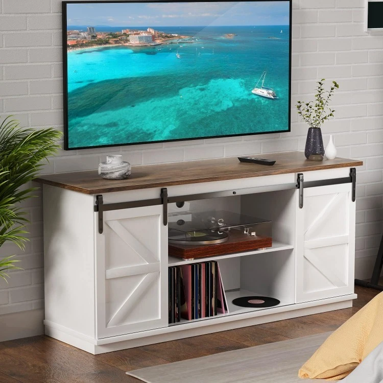 

Farmhouse TV Stand and Entertainment Center for Televisions up to 65 Inchs, with Sliding Barn Doors and Storage Cabinets