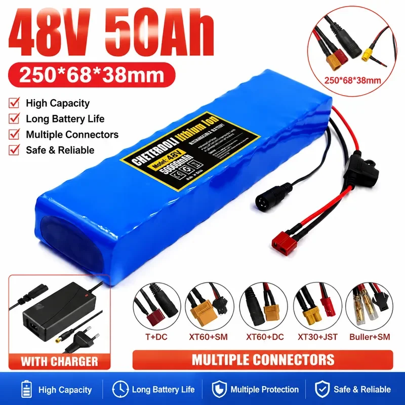 48V 13S2P 50Ah 18650 Lithium Ion Battery Pack Rechargeable Li-Ion Power Bank with 54.6V Charger