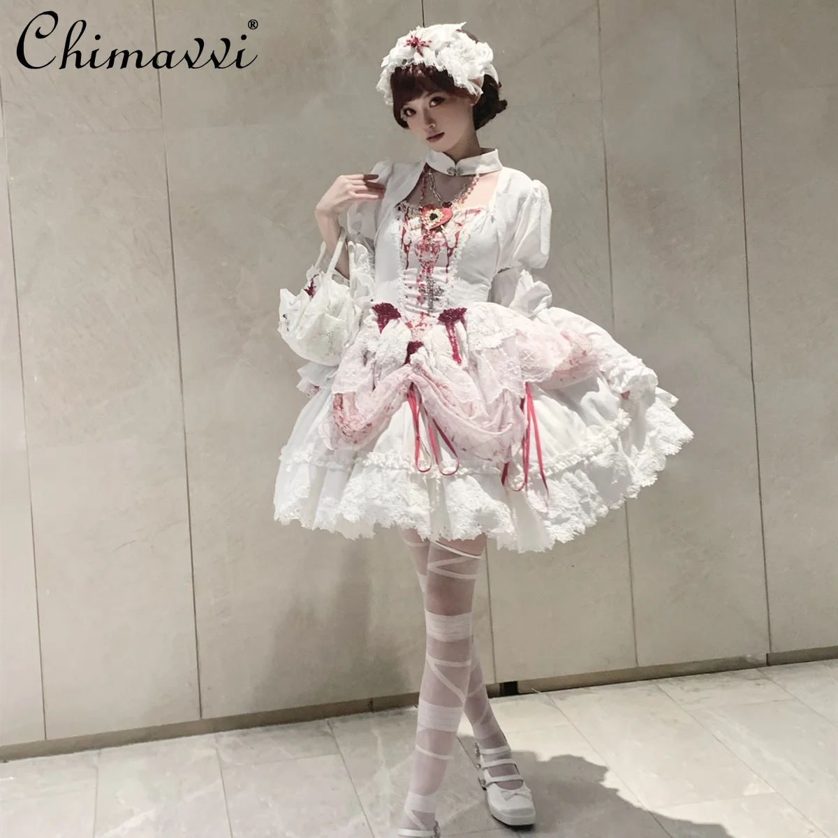 

Готическое темное платье JSK для девочек, осень 2022, новое белое платье принцессы с высокой талией в стиле панк, короткое праздничное платье + рубашка, комплекты Лолиты